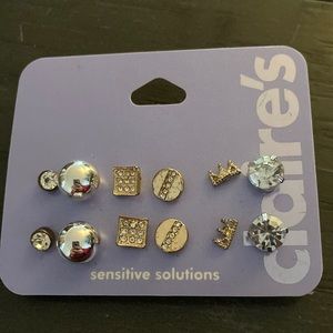 6 pairs of Claire’s stud earrings (round, rhinestone, square, crown, bauble)